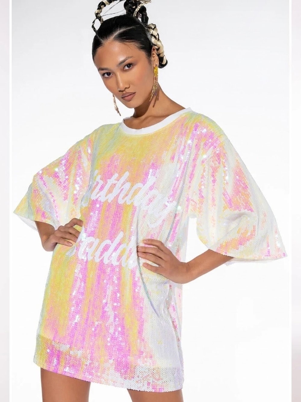 AKIRA Sequin Birthday Baddie Tee Dress in Pink and Yellow
